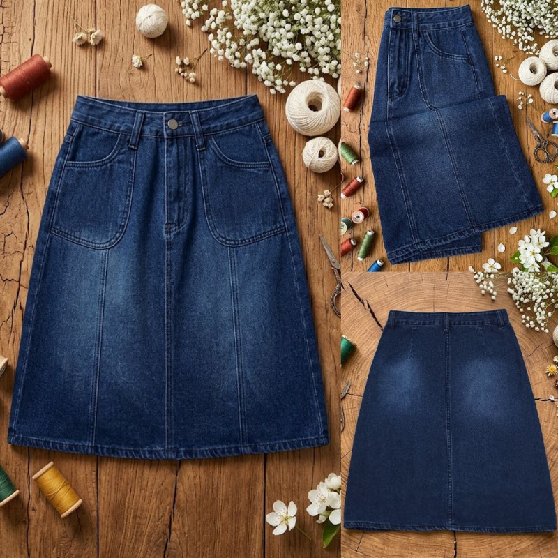 Quilt Cotton Summer - レディースハイウエストミドル丈Aラインデニムスカート レトロウォッシュスリム効果 多用途 2026新作スカート