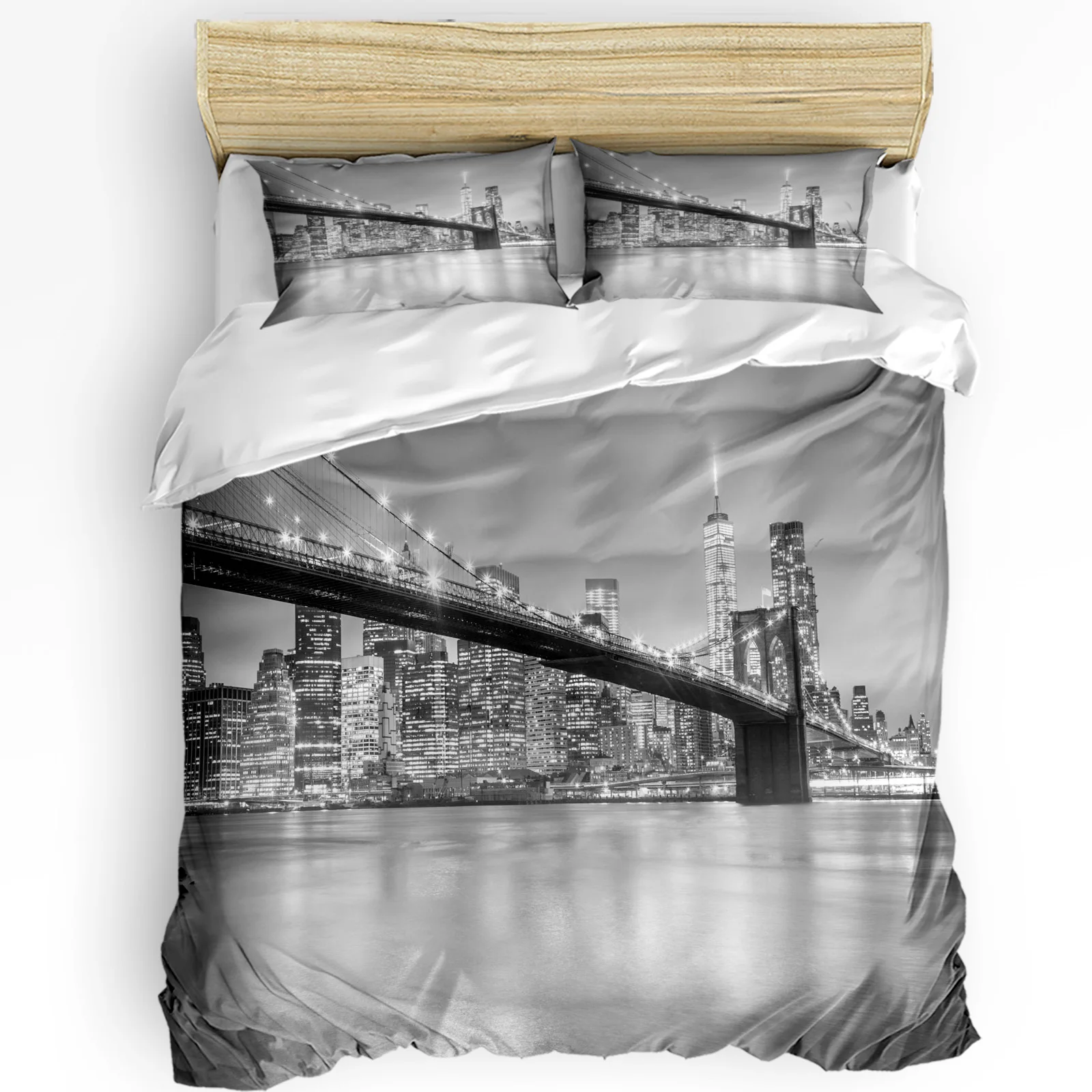 Home Textiles New York - 3点寝具セット グレー ニューヨークシティ風景 ホームテキスタイル 掛け布団カバー 枕カバー
