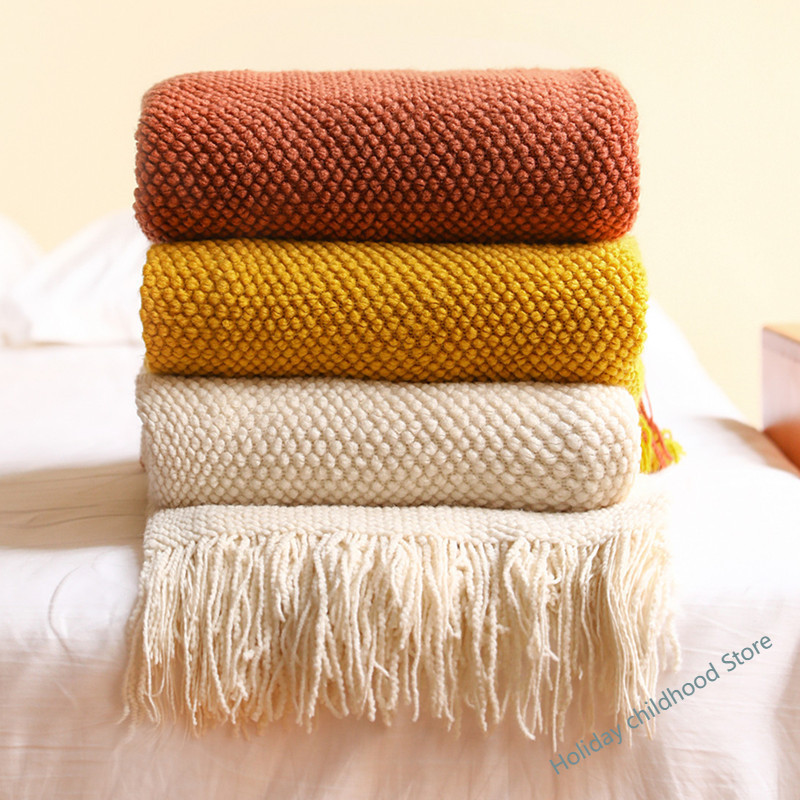 Home Textiles City - 厚手のニットブランケット,コーングリーン,エンボスワッフル,暖かいタッセル,ベッドカバー,家庭用,冬用,130x240cm