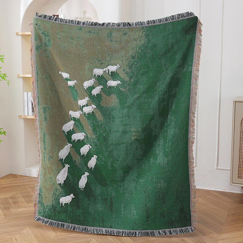 Home Textiles City - テキスタイルシティ羊群グリーンメドウジャカード織りスローブランケット風変わりな田舎の農場動物フリンジ付き装飾ソファブランケット