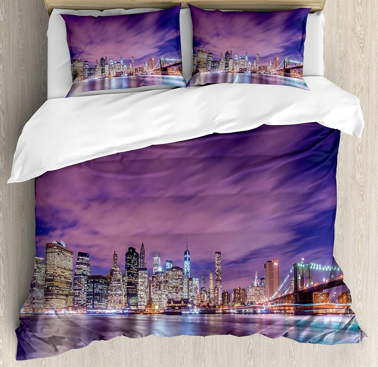 Home Textiles New York - ニューヨーク英語テキスト風景柄布団カバーと枕カバー付きカスタム3点寝具セットキルトカバーダブルベッドホームテキスタイル