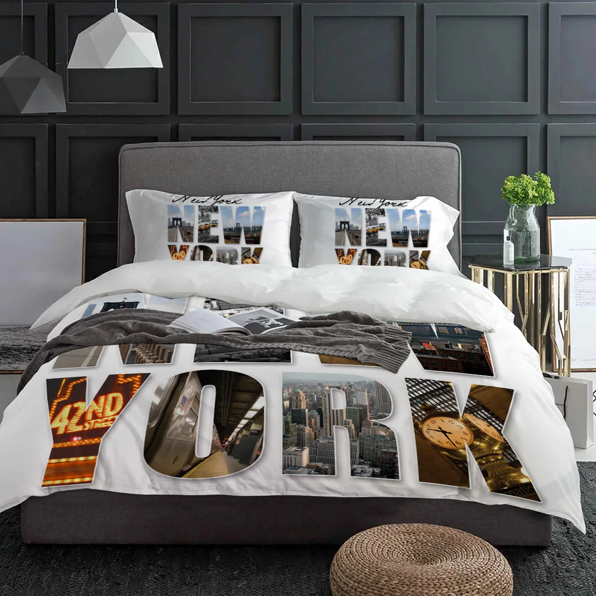 ニューヨーク英語テキスト風景柄布団カバーと枕カバー付きカスタ - Home Textiles New York のレビューと価格