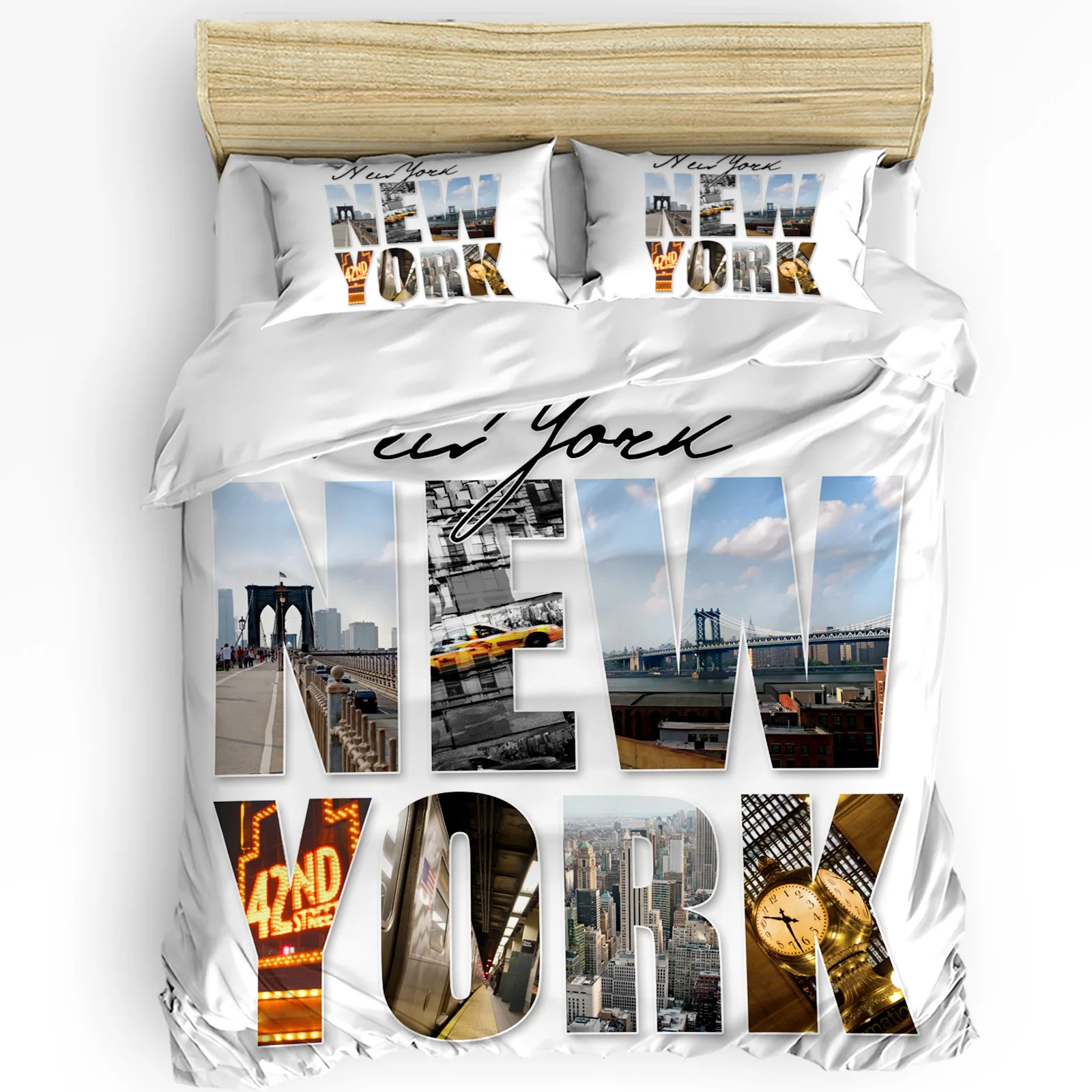 ニューヨーク英語テキスト風景柄布団カバーと枕カバー付きカスタ - Home Textiles New York のレビューと価格
